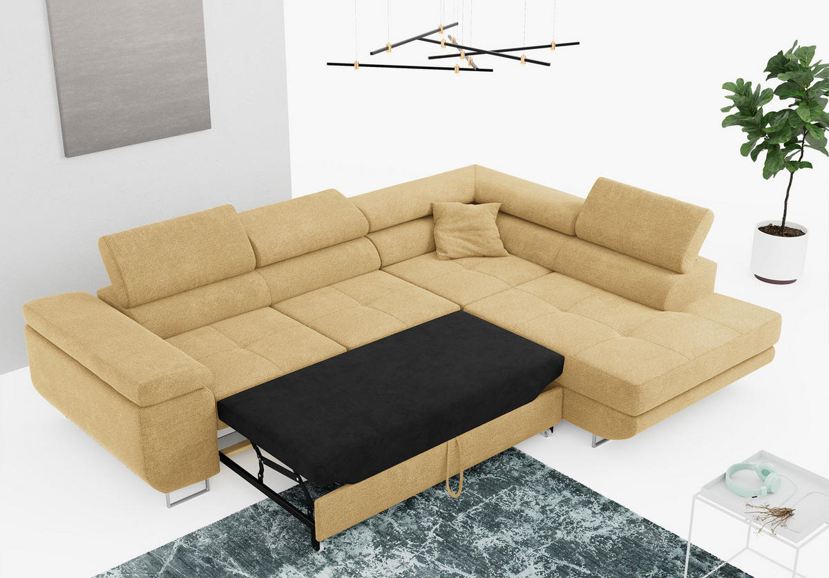 ROHOVÁ SEDAČKA GUSTAW L - Žlutý Strukturovaná látka - Pravá Strana - stříbrná/žlutá, kov/textil (205/275cm) - MKS