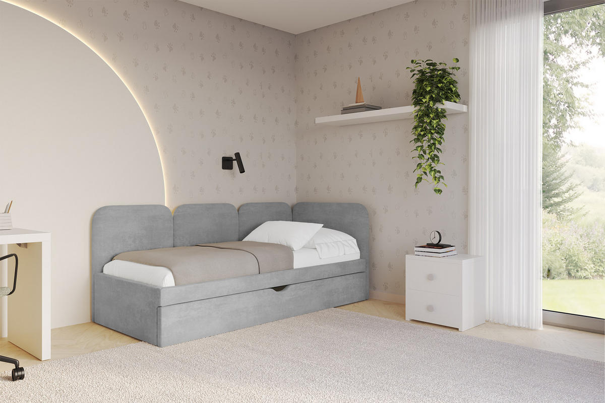 EINZELLBETT Jugendbett mit Bettkasten, Links - ALVY 100x200 Grau - Hellgrau, Holzwerkstoff/Textil (100/200cm) - ALTDECOR