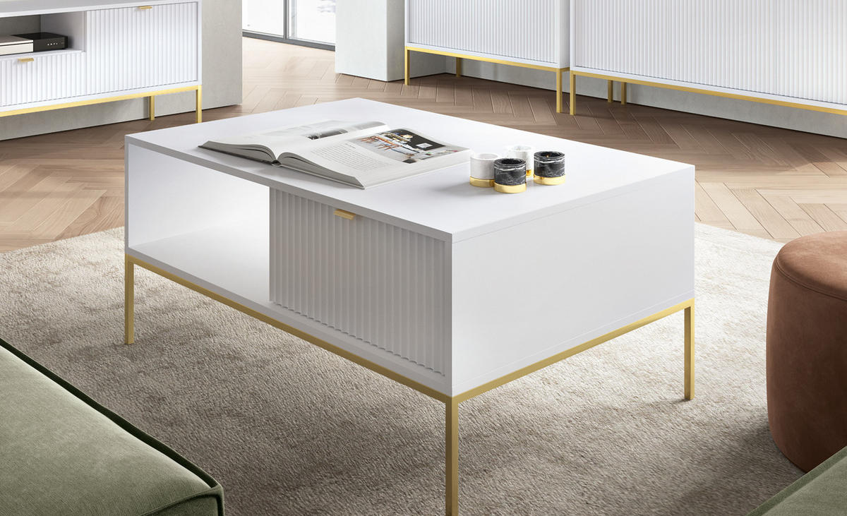 COUCHTISCH 104 cm Galla mit geriffelten Fronten und Schublade, Weiß + Gold - Goldfarben/Weiß, Holz (68/104/46cm) - Emporius