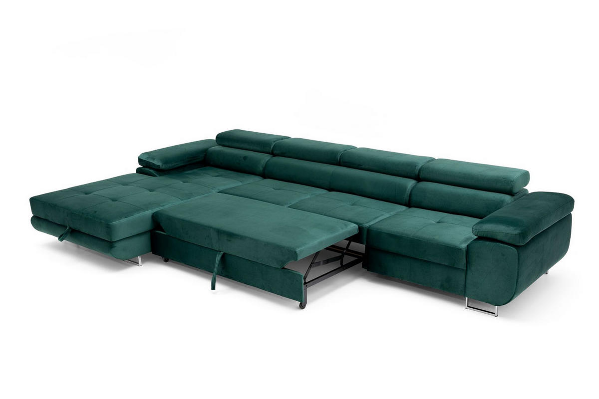 ECKSOFA ALONZO MAXI Links mit Schlaffunktion 125x195 Velours Grün - Silberfarben/Grün, Holz/Textil (350/203cm) - Muffo