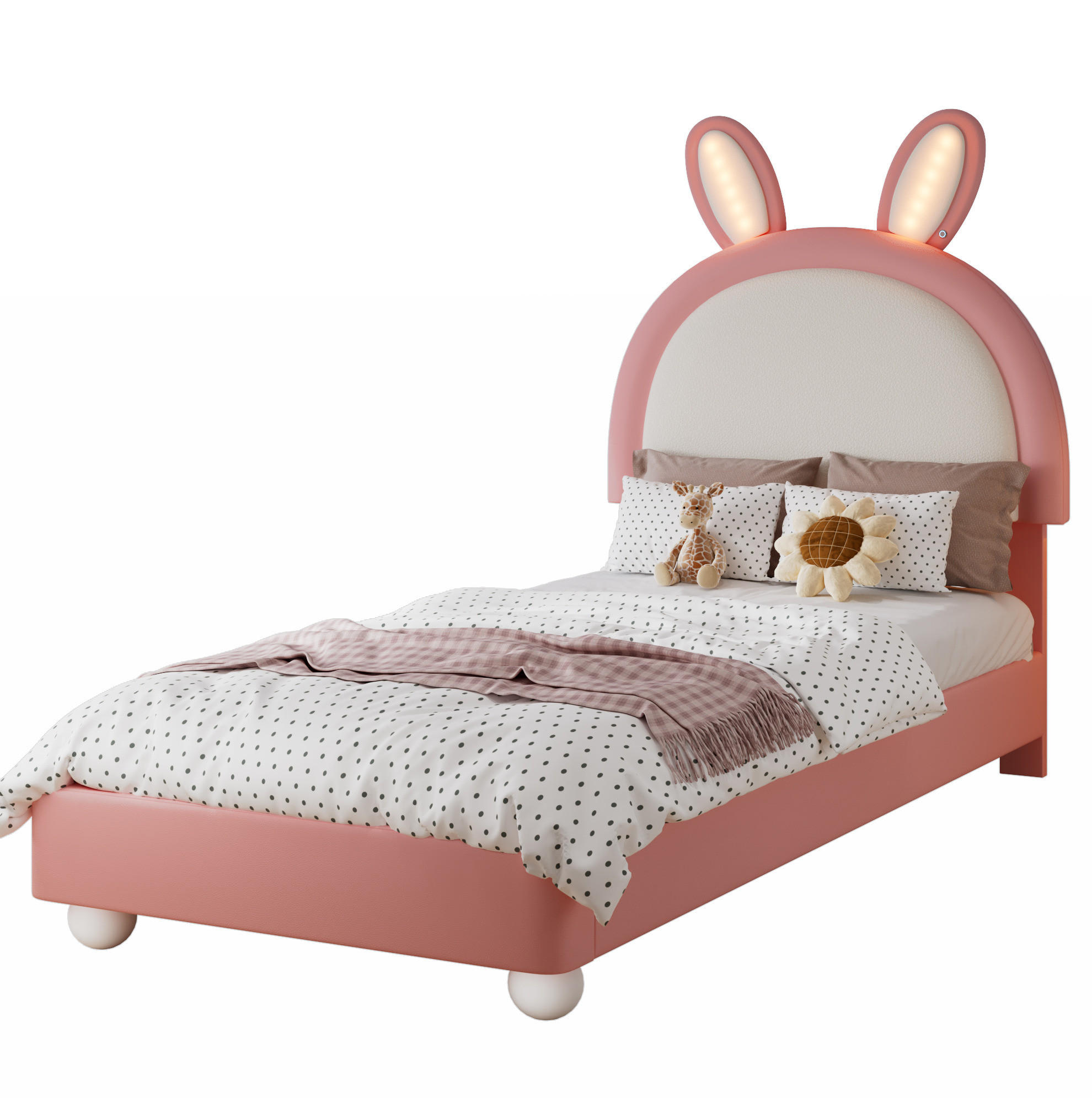 KINDER-POLSTERBETT 90/200 cm Rosa/Weiß aus PU mit Hasen-Kopfteil und LED-Lichtleiste - Pink, Kunststoff (90/200cm) - OKMYHOME