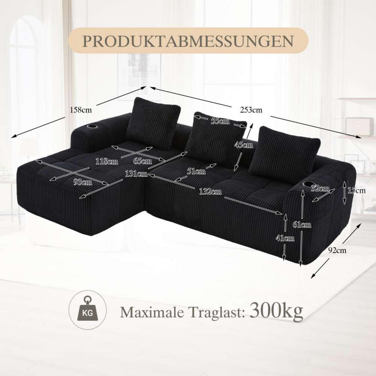 ECKSOFA mit Seitentasche und Getränkehalter, inkl. Kissen, Schwarz - Schwarz, Textil (253/61/158cm) - Kaket