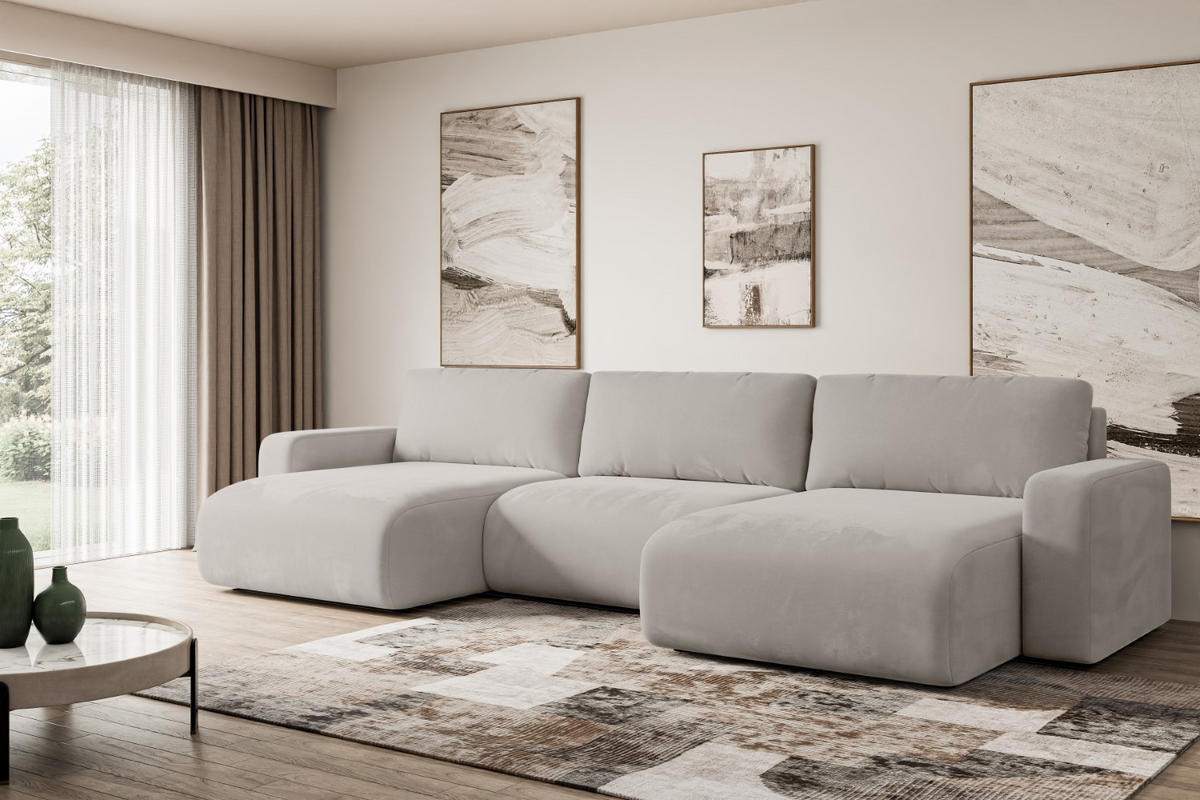 WOHNLANDSCHAFT mit Schlaffunktion und Bettkasten KLEEA-U - 347x143x83 cm Hellbraun Velours - Hellbraun/Schwarz, Holzwerkstoff/Kunststoff (347/83/143cm) - ALTDECOR