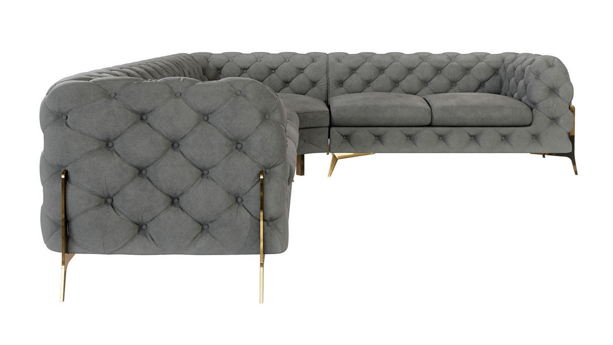 ECKSOFA Chesterfield Lexi Grau Samt, langer Schenkel links - Goldfarben/Grau, Holz/Textil (323/264cm) - S-Style Möbel