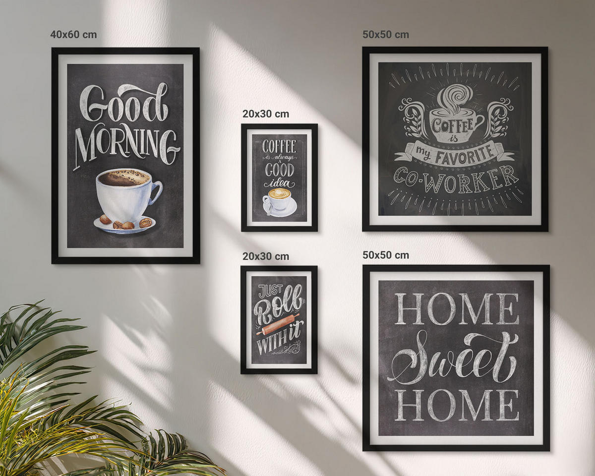 BILDER SET 5er Set - 50x50 cm & 20x30 cm & 40x60 cm Schwarzer Rahmen - Kaffeeroller, heimelige Wärme - Schwarz, Kunststoff (40/60cm) - TULUP