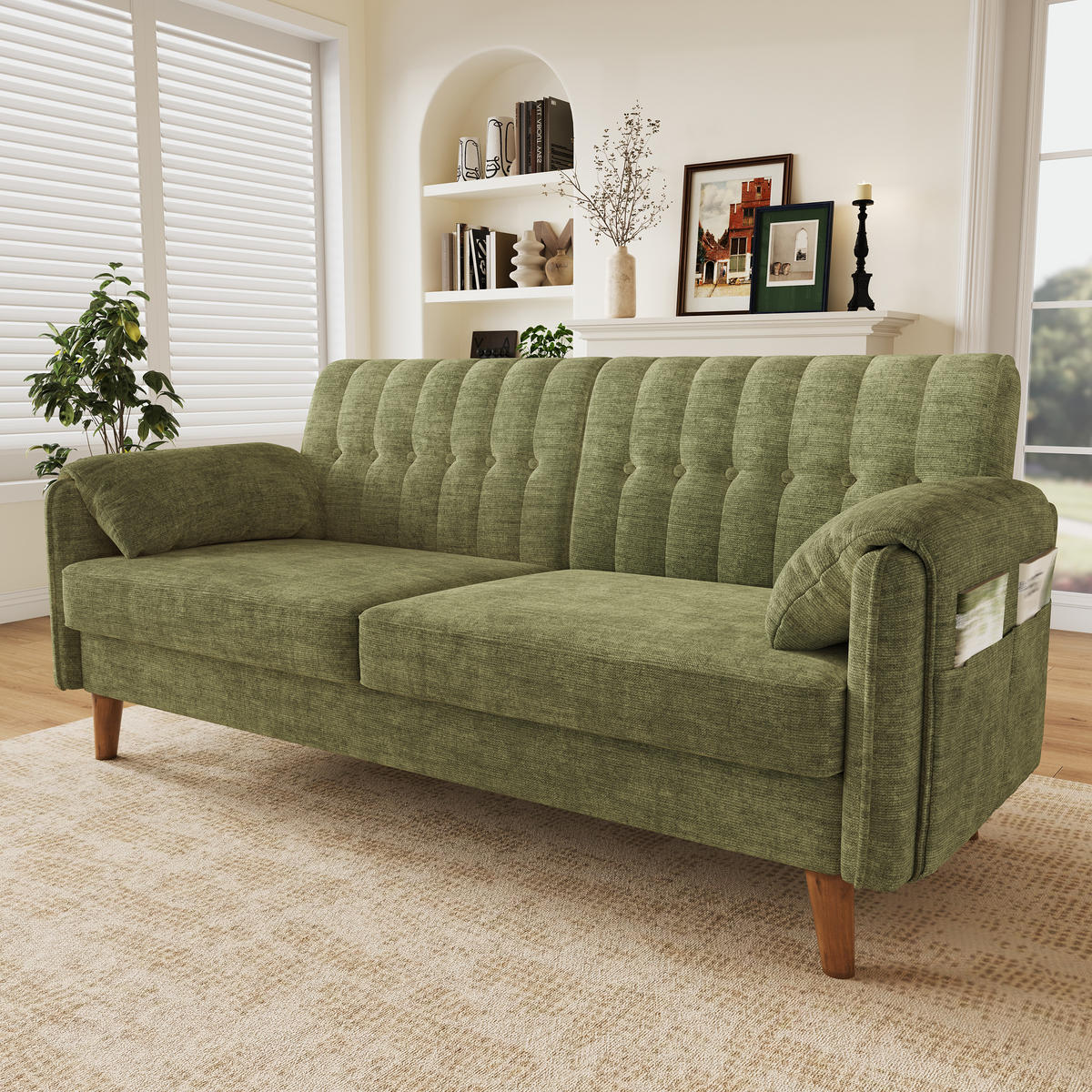 SOFA 2-Sitzer, Grün, Chenille, Stepplehne, Seitentaschen - Grün, Textil (79/83.5/161.5cm)