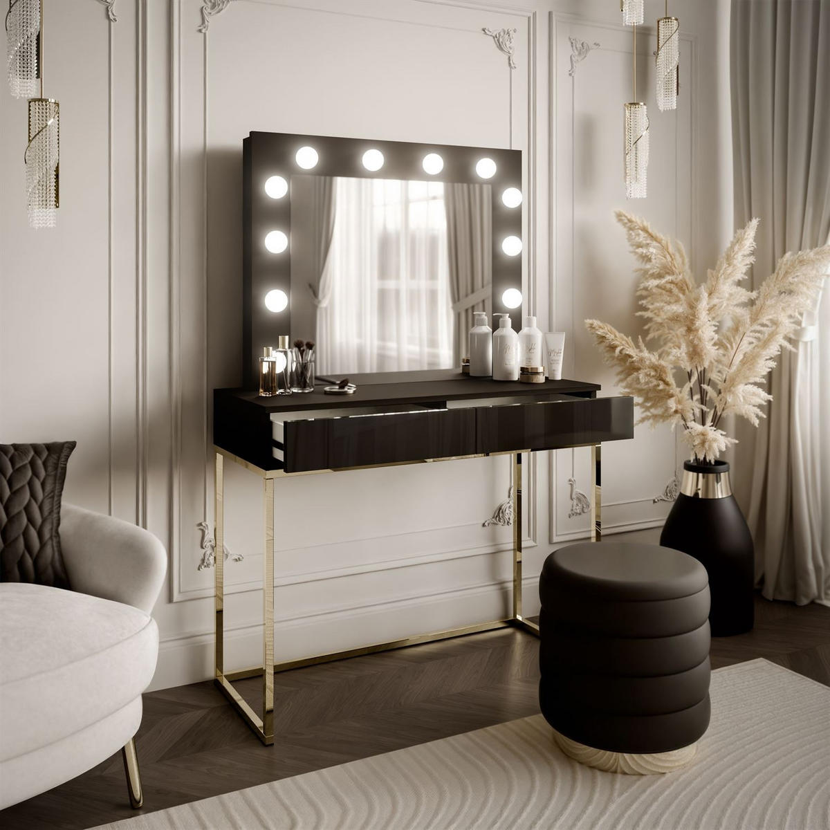 SCHMINKTISCH BLANCO mit Spiegel und Beleuchtung Gold Chrom Schwarz Hochglanz PUSH OPEN - Schwarz Hochglanz/Goldfarben, Holzwerkstoff (100/146/42cm) - Lookway