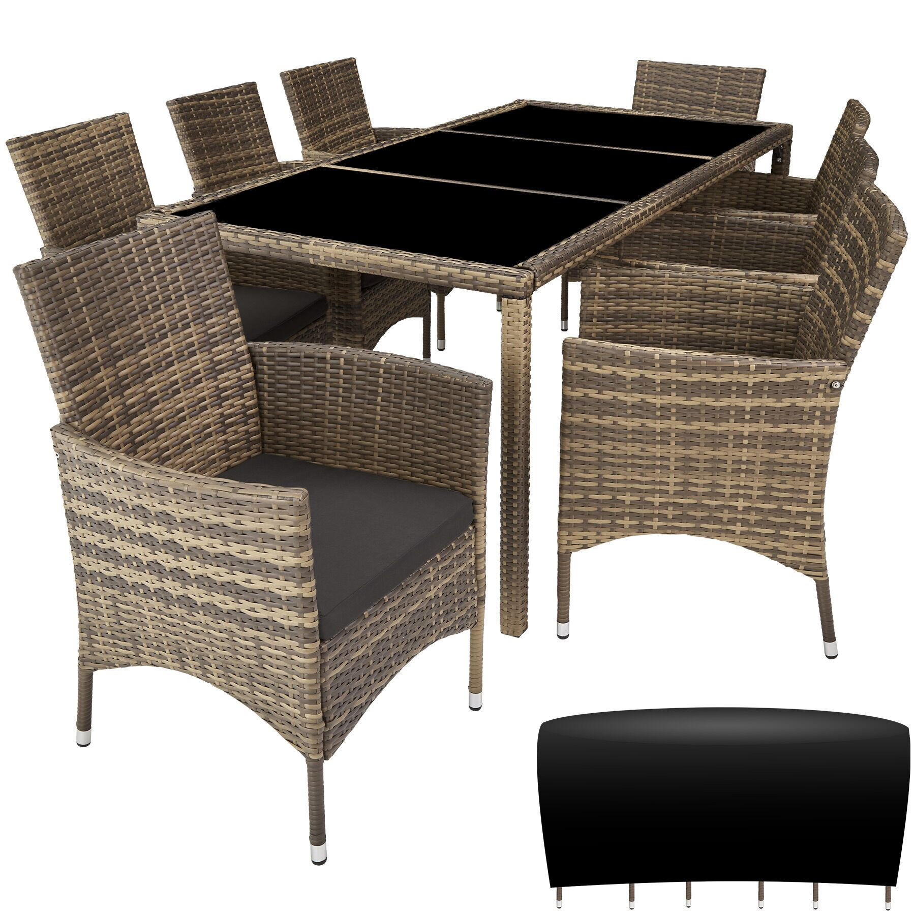 RATTAN SITZGRUPPE Almansa,inklusive Schutzhülle,natur/dunkelgrau - Naturfarben, Kunststoff - tectake
