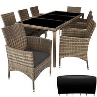 RATTAN SITZGRUPPE Almansa,inklusive Schutzhülle,natur/dunkelgrau - Naturfarben, Kunststoff - tectake