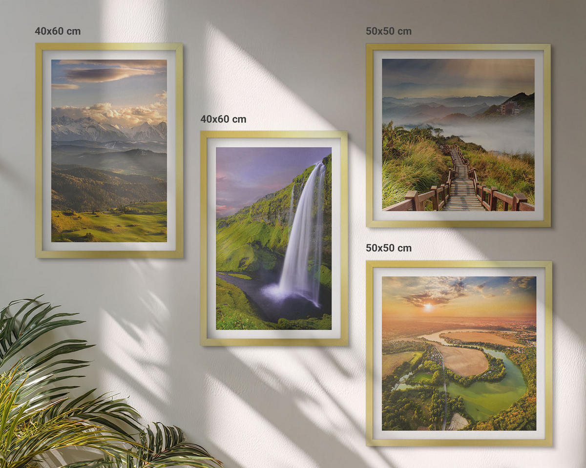 WANDBILDER 4er Set - 50x50 cm & 40x60 cm Goldrahmen - Ausblicke auf Berge, Flüsse und Wasserfälle - Goldfarben, Kunststoff (50/50cm) - ArtPrintCave