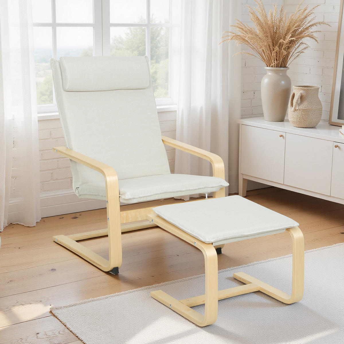 LESESESSEL hohe Rückenlehne abnehmbare Kopfstütze Holzbeine cremefarben Leinenbezug - Creme, Textil (78/92/67cm) - Vallsero