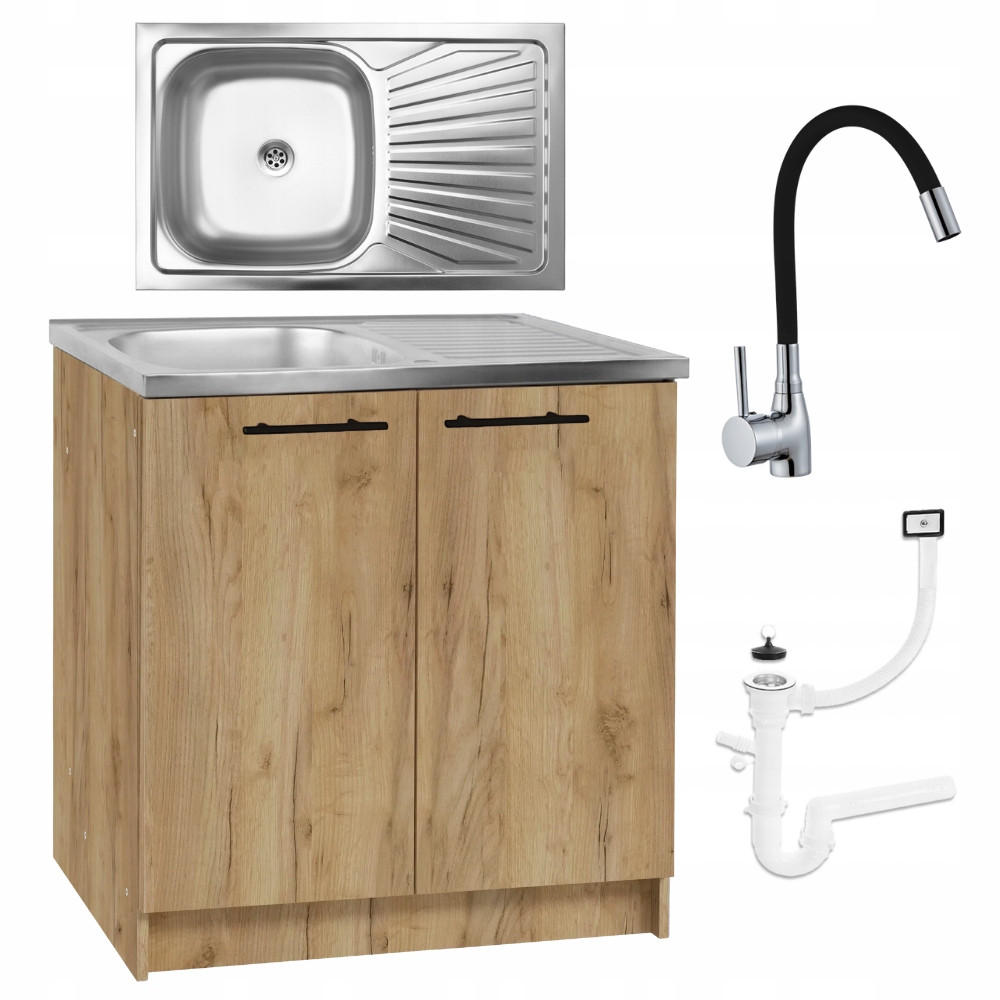SPÜLUNTERSCHRANK 80cm mit Spüle + Armatur + Siphon Eichenfarbe - Eichefarben, Holzwerkstoff (80/82/80cm) - Stamar