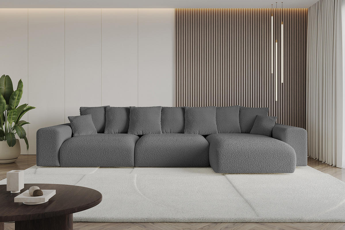 ECKSOFA Ottomane rechts ESKAR-L 364x176x84 Platinfarben Bouclé - Platinfarben/Schwarz, Holzwerkstoff/Kunststoff (176/364cm) - ALTDECOR