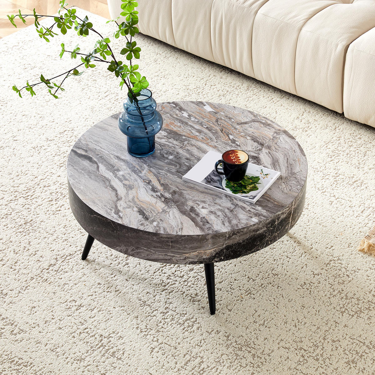 COUCHTISCH MDF Metallbeine Marmoroptik stabile Konstruktion Grau 70/35,5 cm - Schwarz/Grau, Holzwerkstoff/Metall (70/70/35.5cm) - EVRYAE