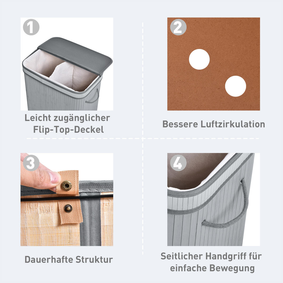 WÄSCHEKORB 100L Wäschesammler mit Deckel, 52 x 32 x 63 cm, Grau - Grau, Naturmaterialen (52/63/32cm) - HOMCOM
