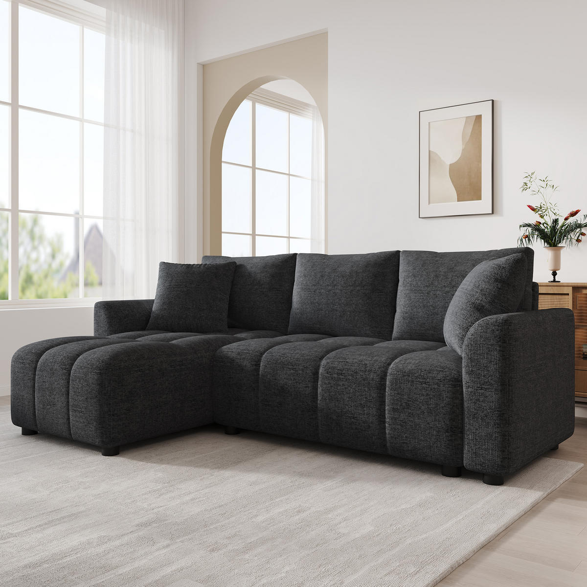 ECKSOFA 204/127/82.5 cm Grau Chenille mit 2 Zierkissen - Grau, Holz/Textil (204/127cm) - Oxeza