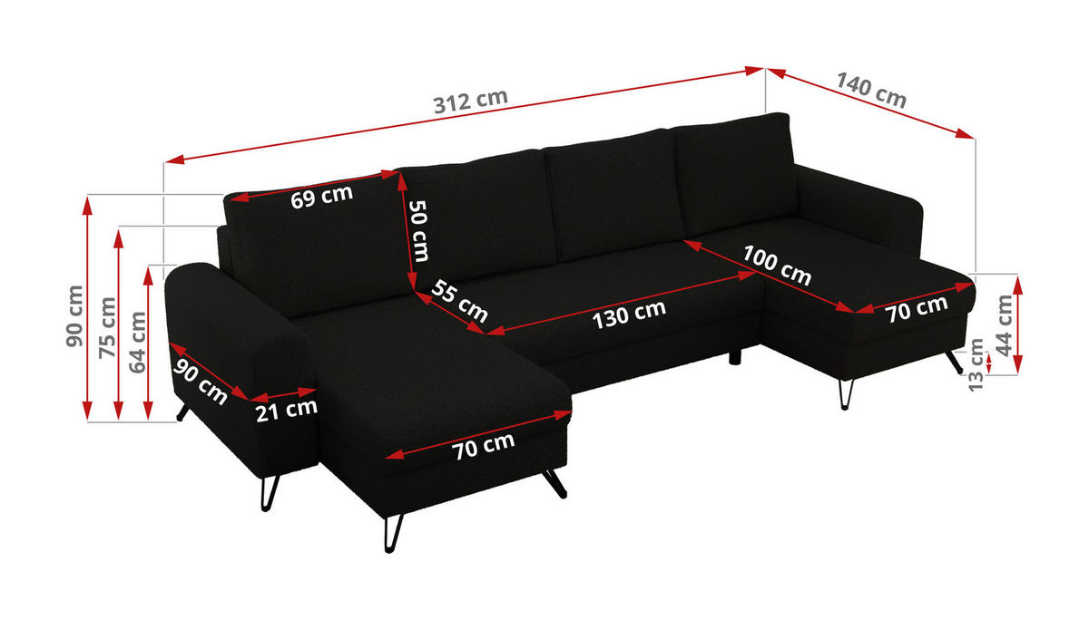 WOHNLANDSCHAFT AXEL U Boucle Schwarz - Schwarz, Textil/Metall (312/90/140cm) - MKS