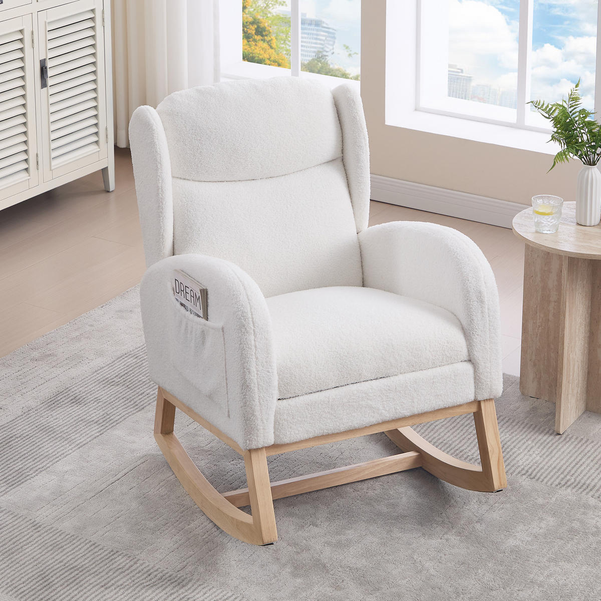 SCHAUKELSTUHL Teddy-Stoff mit ausziehbarer Fußstütze und Tasche 122.5/70/104 cm Weiß - Weiß, Textil (70/104/122.5cm) - Redom