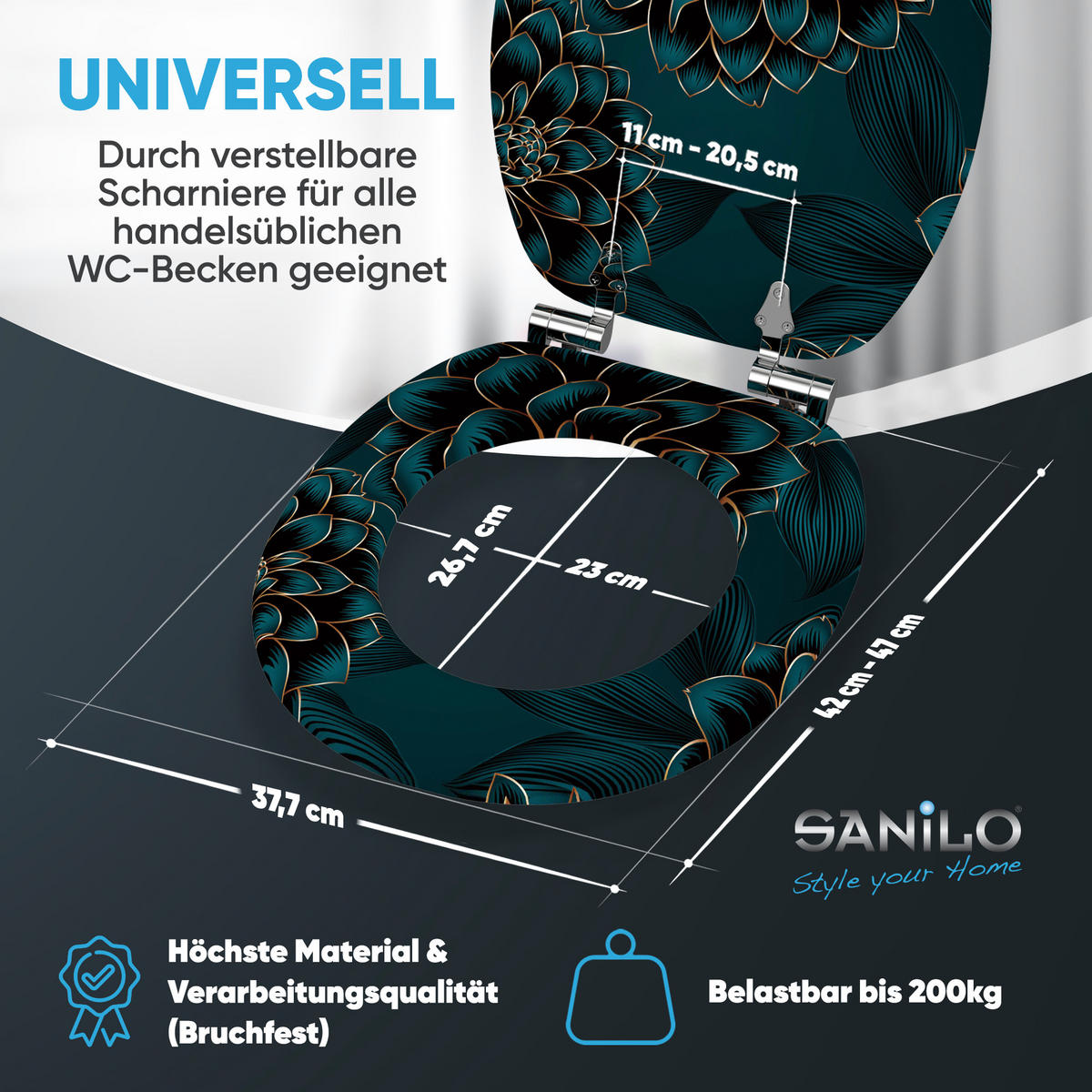 WC Sitz mit Absenkautomatik Dahlien - Blau, Holzwerkstoff (38/6/47cm) - Sanilo