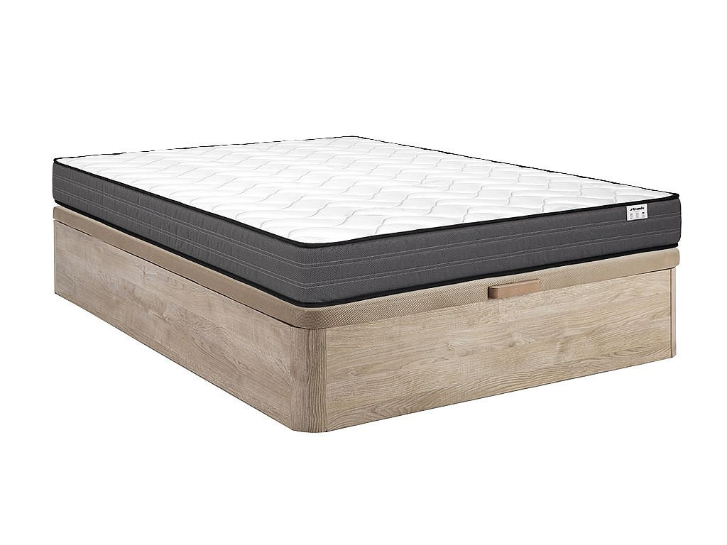 MATRATZE und Bettgestell mit Lattenrost und Bettkasten - 2 Personen - Stoff, Holz, Platte - Naturfarben Hell - - Naturfarben, Holz/Holzwerkstoff (160/200cm) - Vente-Unique