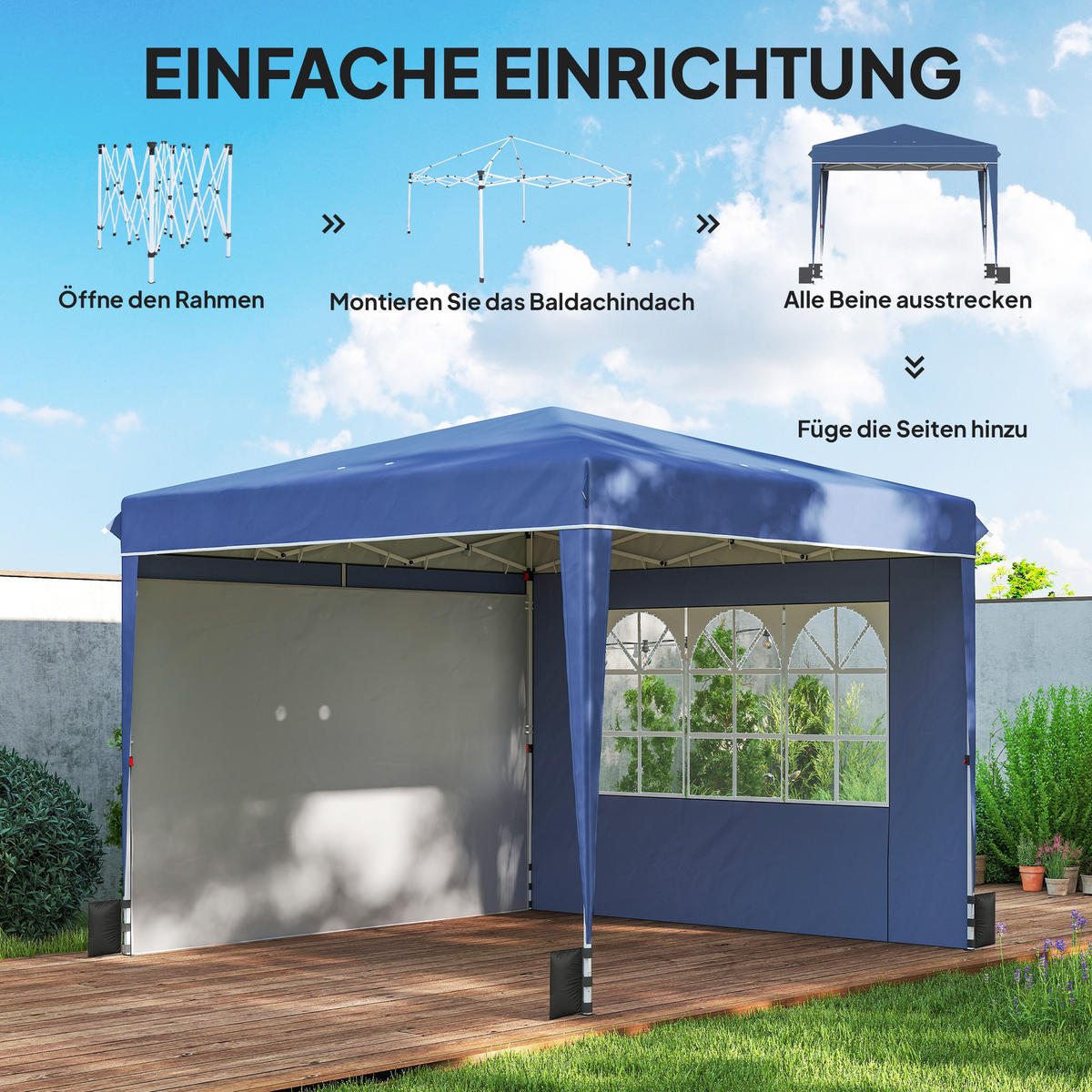 PAVILLON 3 x3 m Wasserdicht höhenverstellbar Pop-up Faltpavillon Dunkelblau - Weiß/Dunkelblau, Textil/Metall (300/275/300cm) - Outsunny