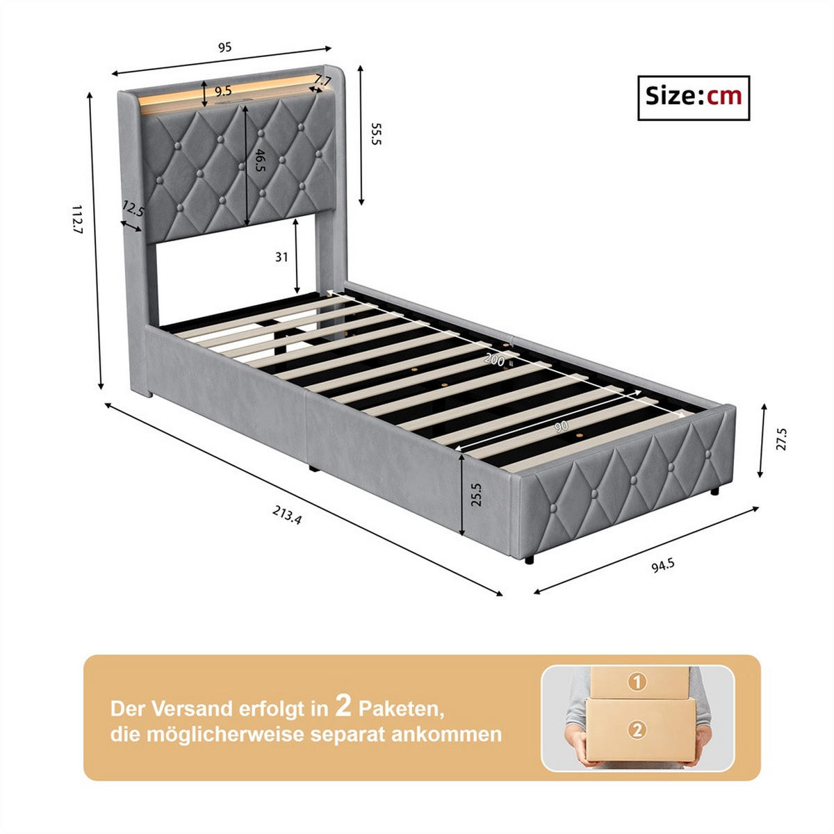 POLSTERBETT 90x200 cm mit hydraulischem Stauraum - Kopfteil Regal & LED - USB - ohne Matratze - Grau - Grau, Textil (90/200cm) - DELFA