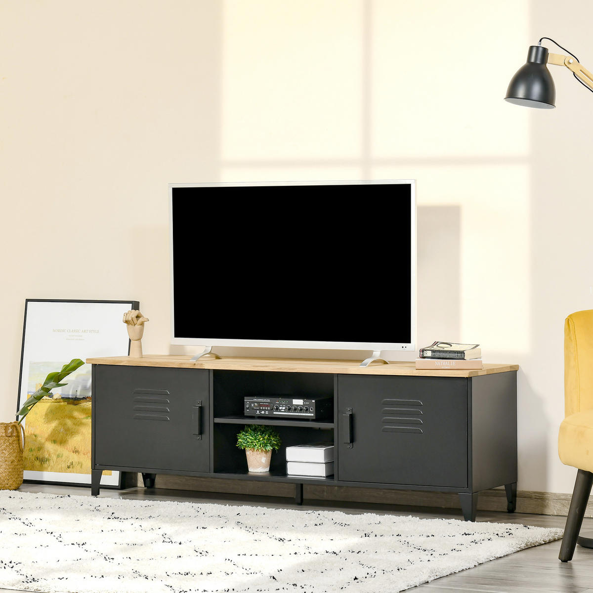 LOWBOARD DE-16082 150/40/50 cm Schwarz/Naturholz - Schwarz, Metall (150/50/40cm) - ComfortXL