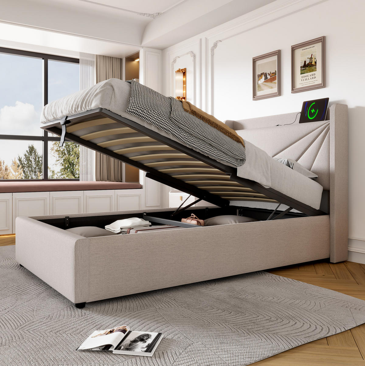 POLSTERBETT 90/200 cm Beige aus Baumwolle, Leinen und Metall mit Bettkasten und Ladefunktion - Beige, Textil (90/200cm) - OKMYHOME