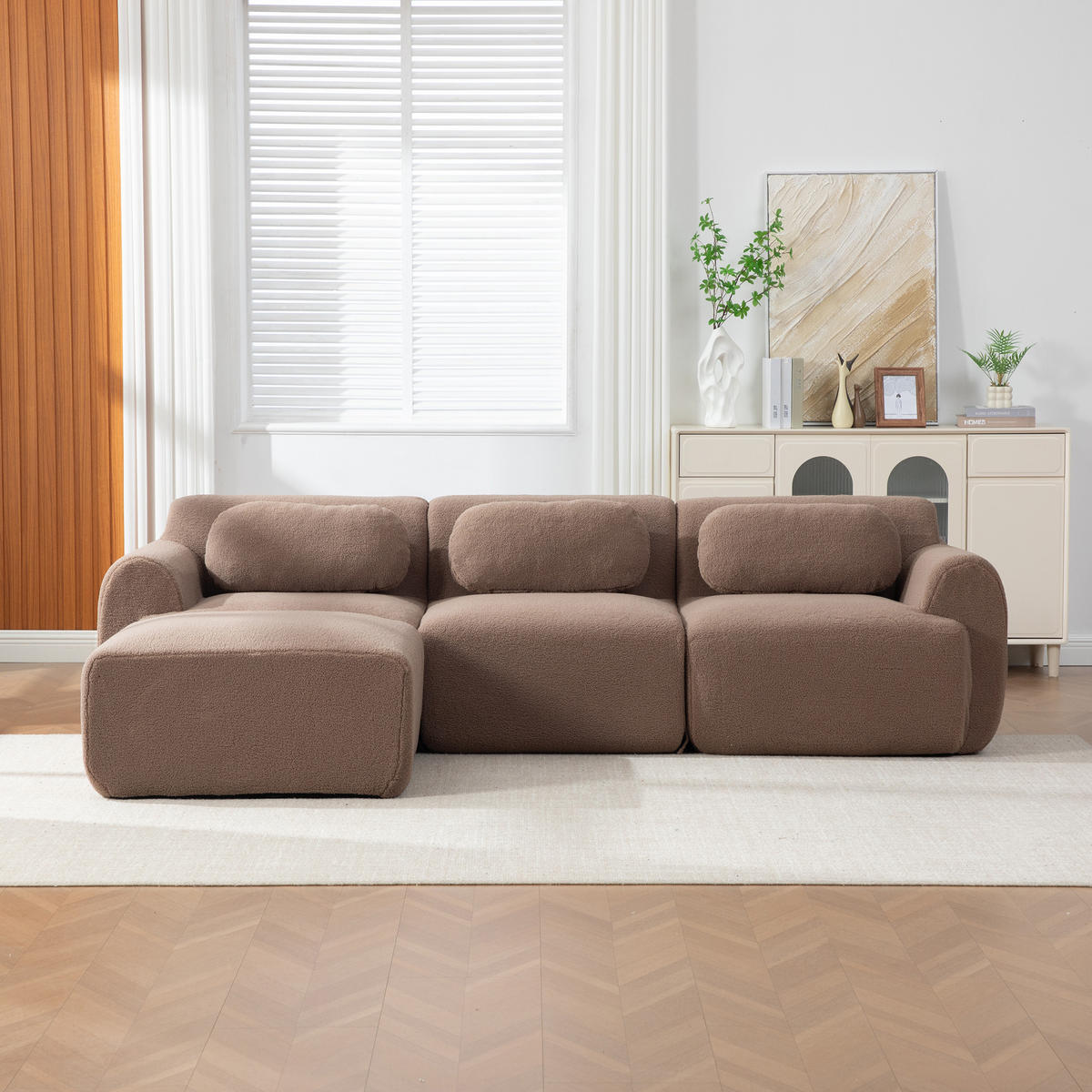ECKSOFA 3-Sitzer Chenille Stoff Camel - Hellbraun, Textil (177/271cm) - Korfee