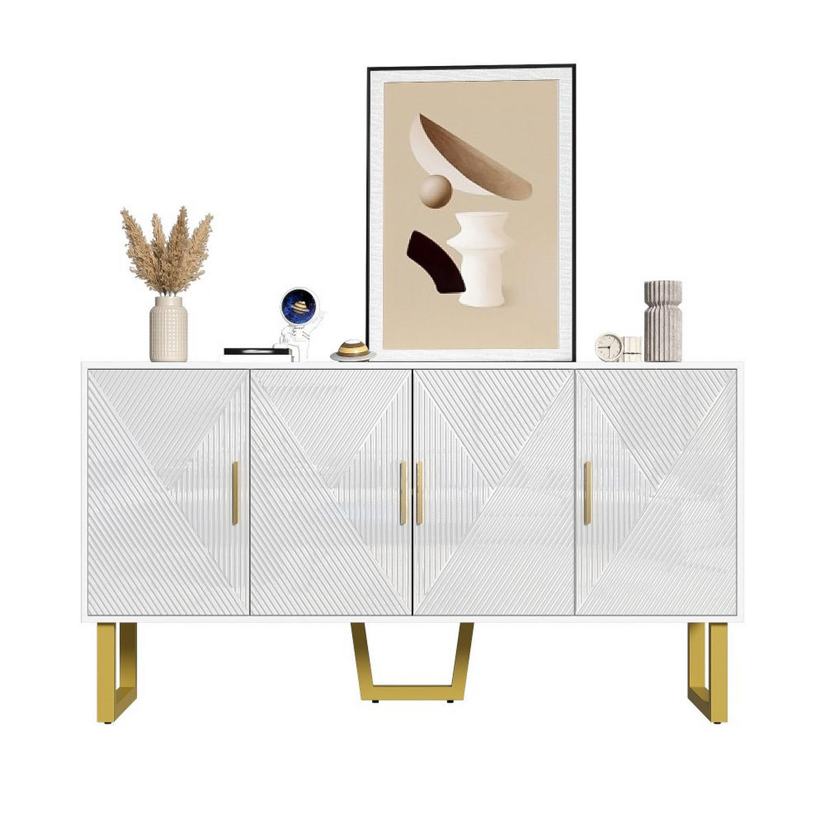 SIDEBOARD in Weiß mit 4-Türen-Design，hochglänzenden strukturierten - Weiß, Holz (40/82/150cm) - KOMHTOM