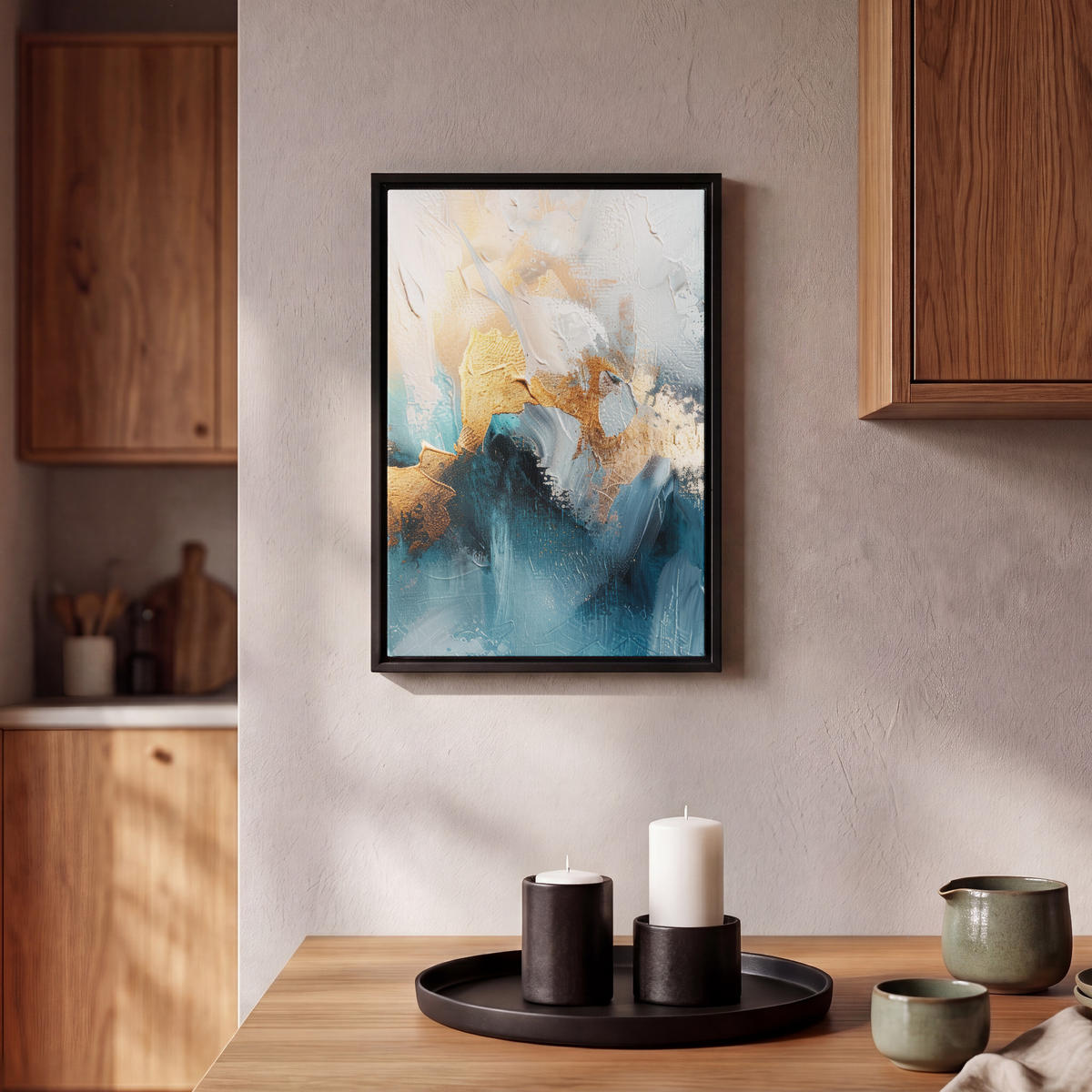 LEINWAND Bilder mit Rahmen - Abstrakt - Kunst - Gold - Blau - 20x30 - Petrol, Textil (20/30cm) - MuchoWow