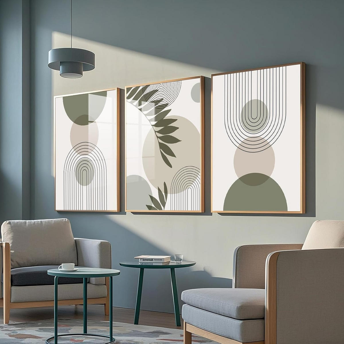 WANDDEKO Boho 60x90cm Grün Pflanzen Abstrakt，rahmenlos，3-teilig Set - Olivgrün, Textil (60/1cm) - Authentics