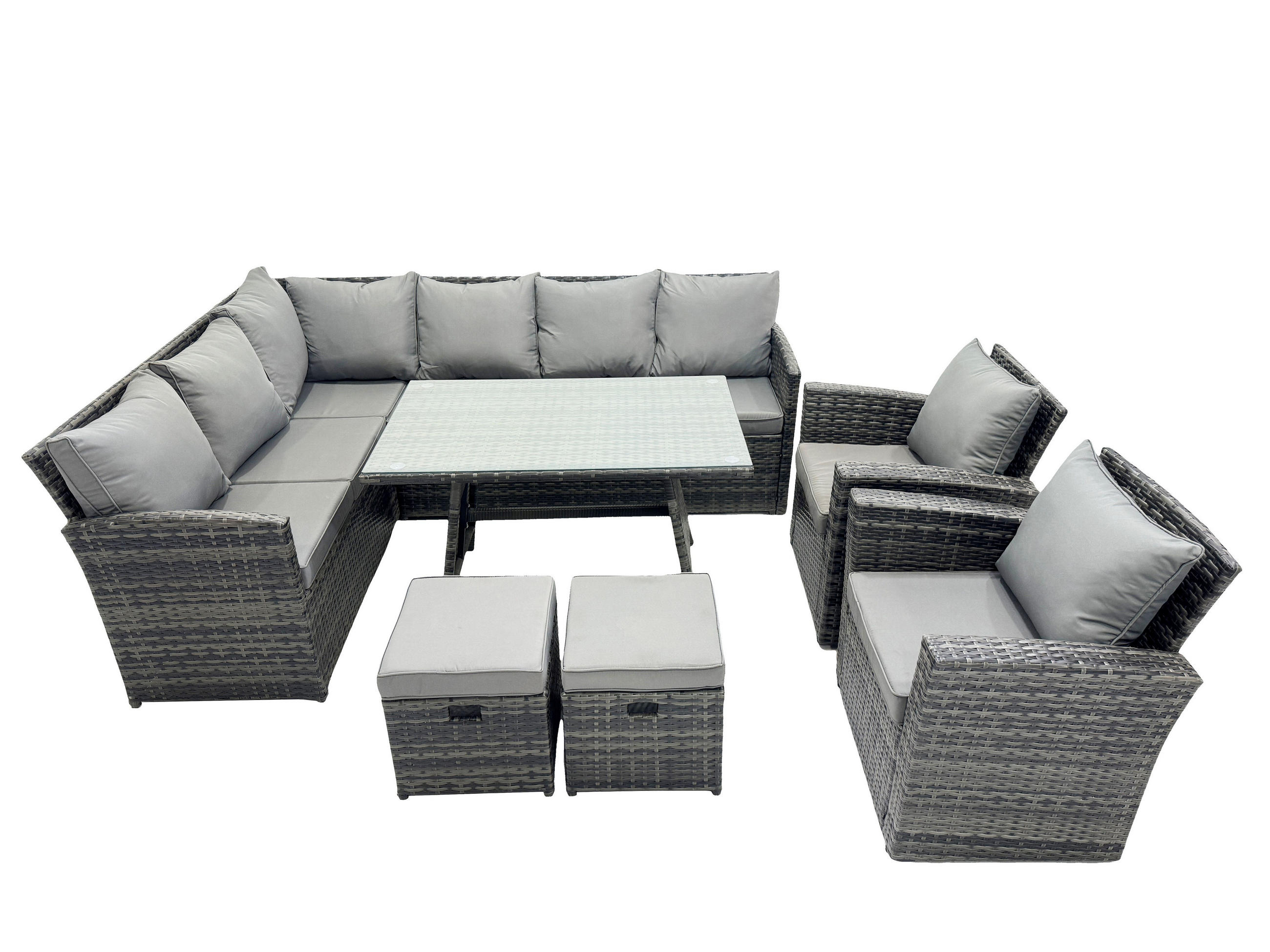 SITZGRUPPE mit Ecksofa,Fußhocker Polyrattan Dunkelgrau 10-Sitzer - Dunkelgrau/Grau, Glas/Kunststoff - Fimous