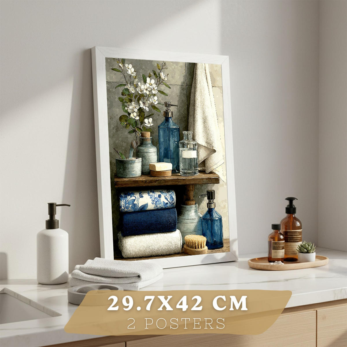 PLAKÁT Sada 2 dekorace s modrou vanou a doplňky, Bílý rám A3 - bílá, papír (42/29.7/3cm) - Nacnic