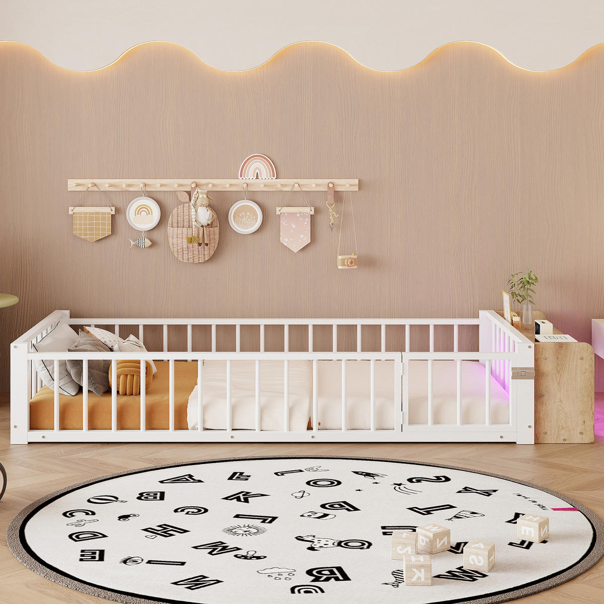 KINDERBETT 90/200 cm mit Schutzgeländer, offenem Staufach und LED-Beleuchtung, Metall/MDF, Weiß - Weiß, Holzwerkstoff (90/200cm) - Redom