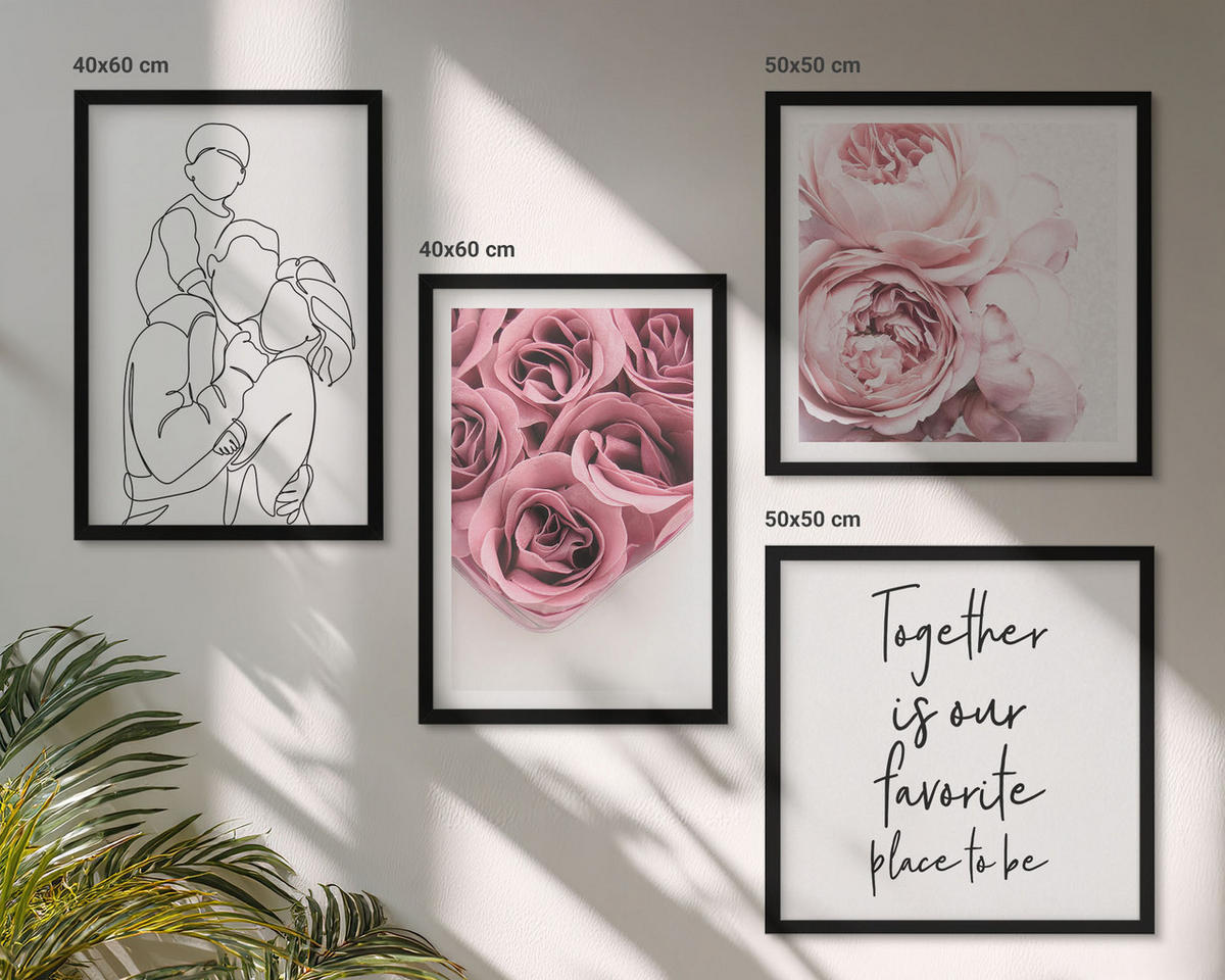 BILDER SET 4er Set - 50x50 cm & 40x60 cm Schwarzer Rahmen - Rosensträuße als Familienzeichnung - Schwarz, Kunststoff (50/50cm) - TULUP