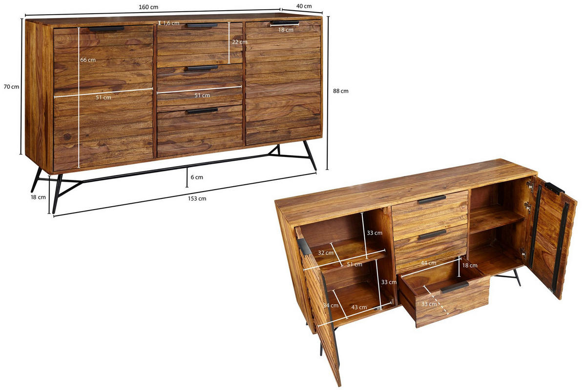 SIDEBOARD – FORMIO, Massivholz, 160x40x88 cm, Industrial-Stil - Schwarz/Braun, Holz/Metall (160/88/40cm) - KADIMA DESIGN