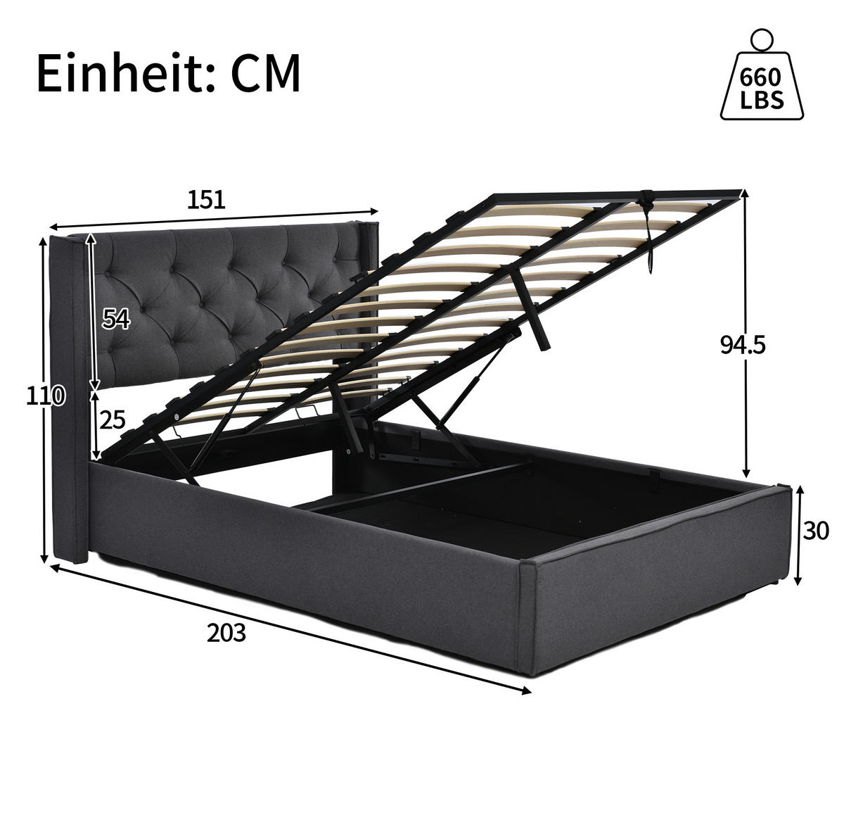 POLSTERBETT 140/200 cm mit hydraulischem Bettkasten, Lattenrost inkl., Grau - Grau, Textil (140/200cm) - Redom