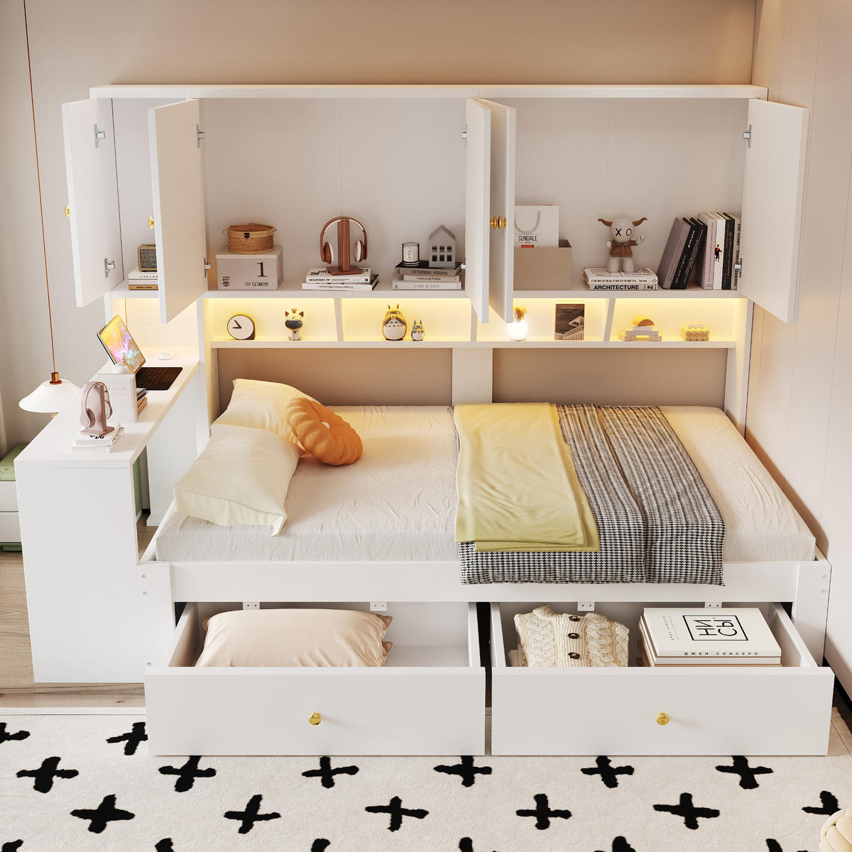 STAURAUMBETT 90/200 cm mit Schreibtisch, LED und Schubladen, DE-41644, in Weiß - Weiß, Holzwerkstoff (90/200cm) - ComfortXL