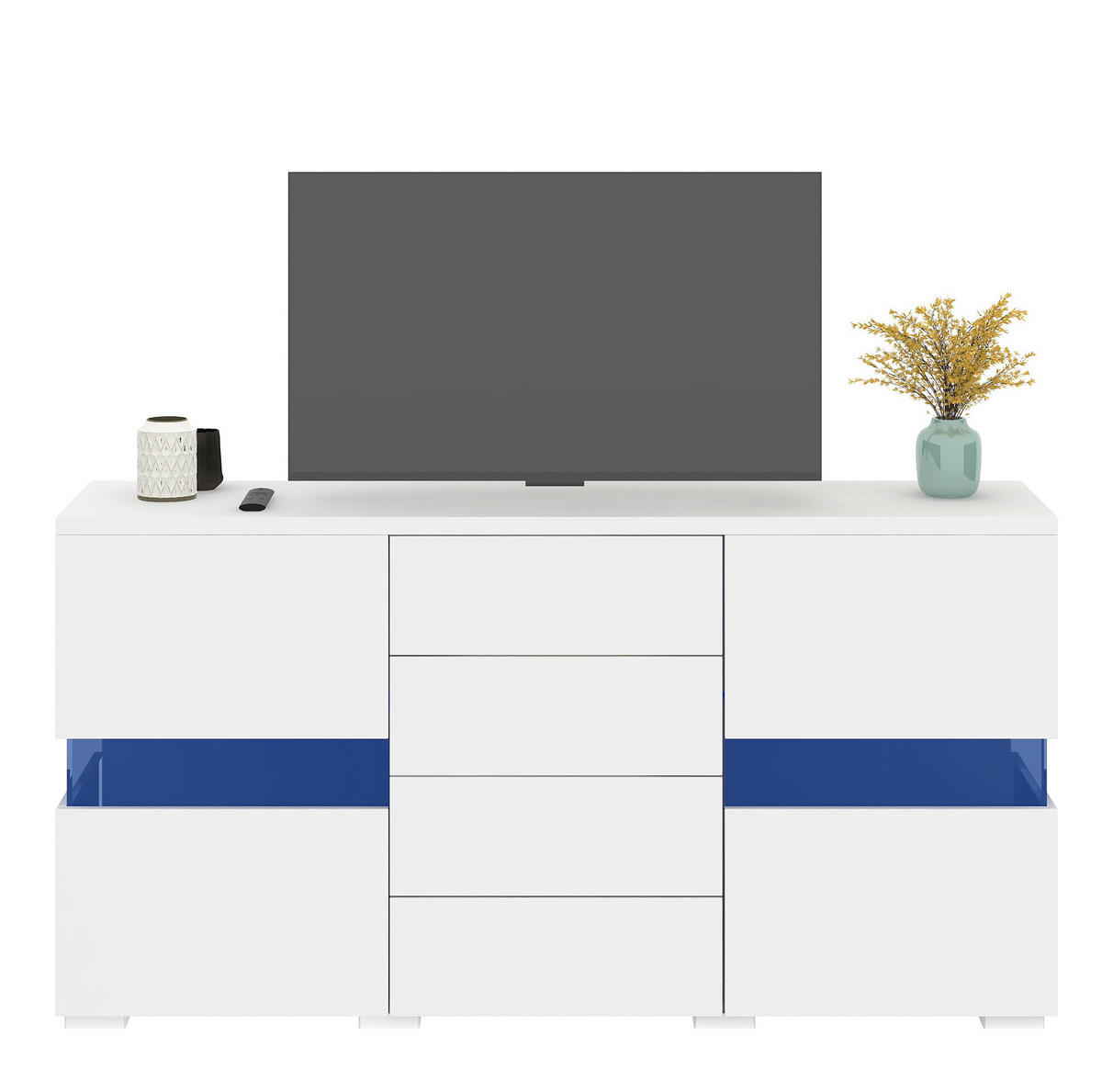SIDEBOARD 140/35/72 cm, Hochglanz-Front, 2 Acryltüren und 4 Schubladen, 16-Farben RGB-LED, Weiß - Weiß, Holzwerkstoff (140/72/35cm) - Redom