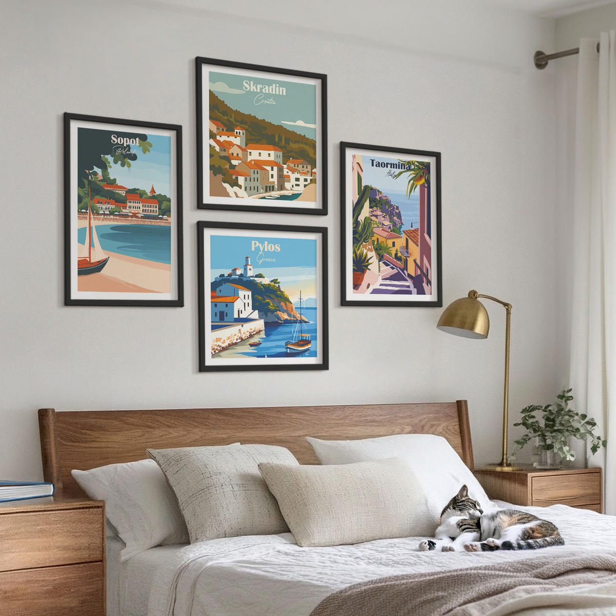 WANDBILDER 4er-Set - 50x50 cm & 40x60 cm Schwarzer Rahmen - Illustrationen von Küstenstädten - Schwarz, Kunststoff (50/50cm) - ArtPrintCave