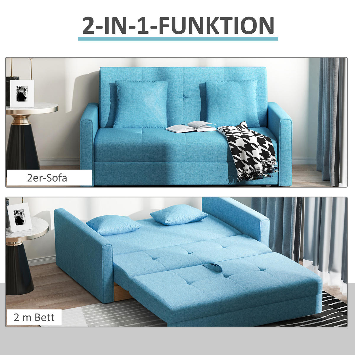 SCHLAFSOFA 2-Sitzer Sofa mit Bettfunktion Polstersofa mit Stauraum, Rückenkissen - Hellblau, Kunststoff (101/81/152cm) - HOMCOM