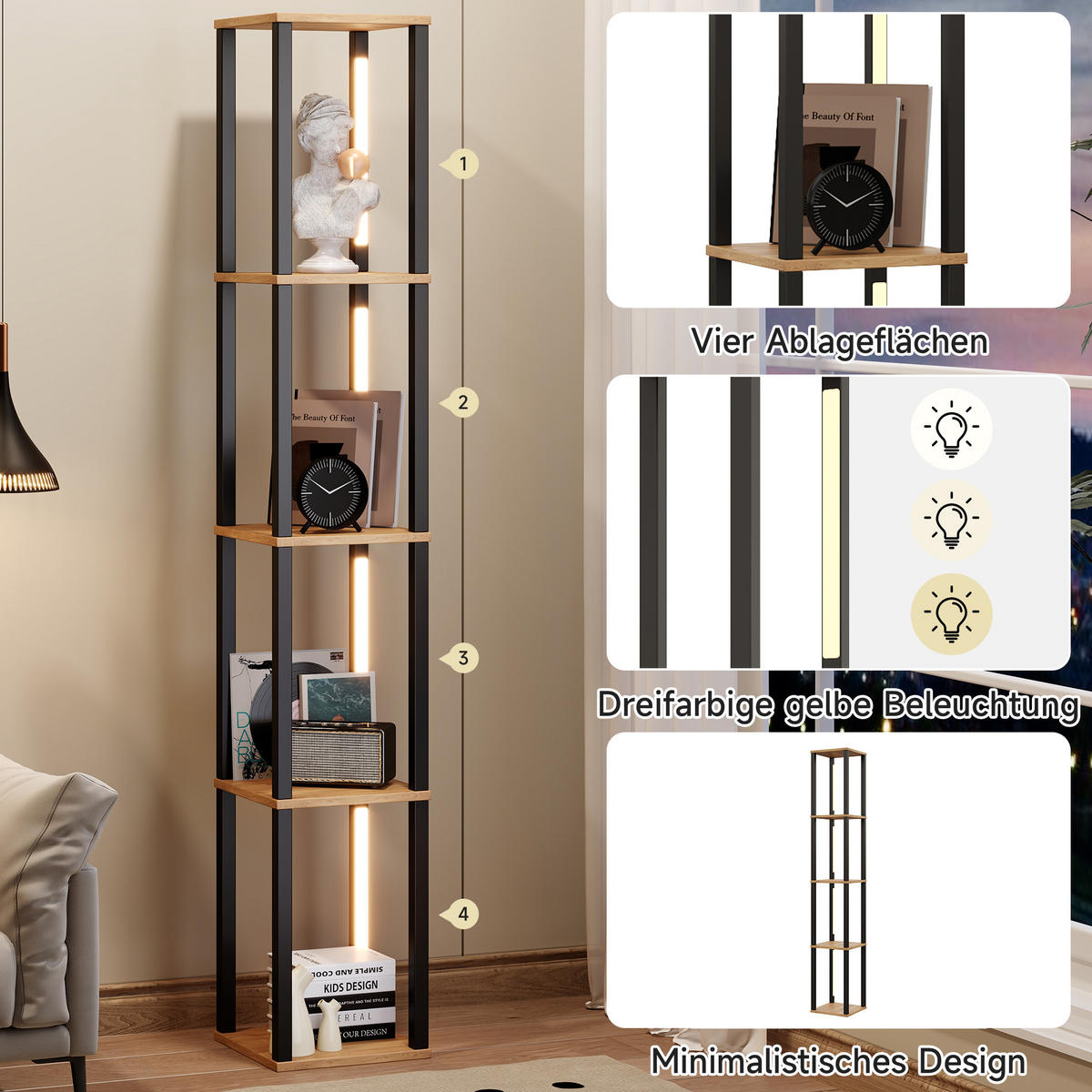 VITRINE in Schwarz Regal mit einstellbare LED-Beleuchtung, 26/26/165 cm - Naturfarben, Holzwerkstoff (26/165/26cm) - STILVORA