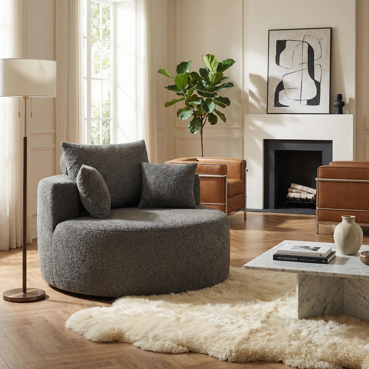 SESSEL XXL 127x127 cm Grau aus Chenille, Keine Montage - Grau, Textil (127/85/127cm) - Urban Meuble