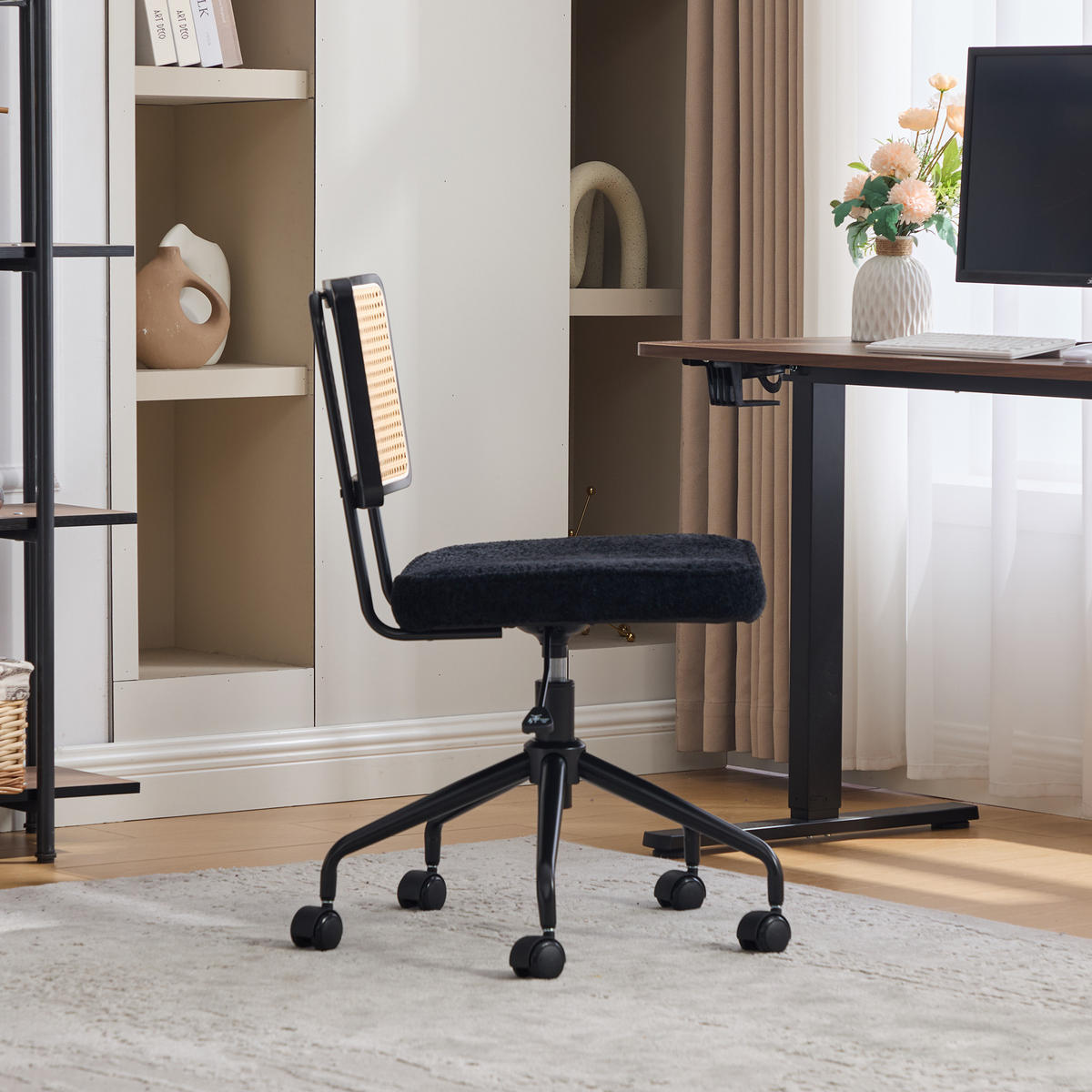 BÜROSTUHL Vintage, Schwarz, Chenille, Rattan, verstellbar - Schwarz, Kunststoff (58.5/91.5/55cm)