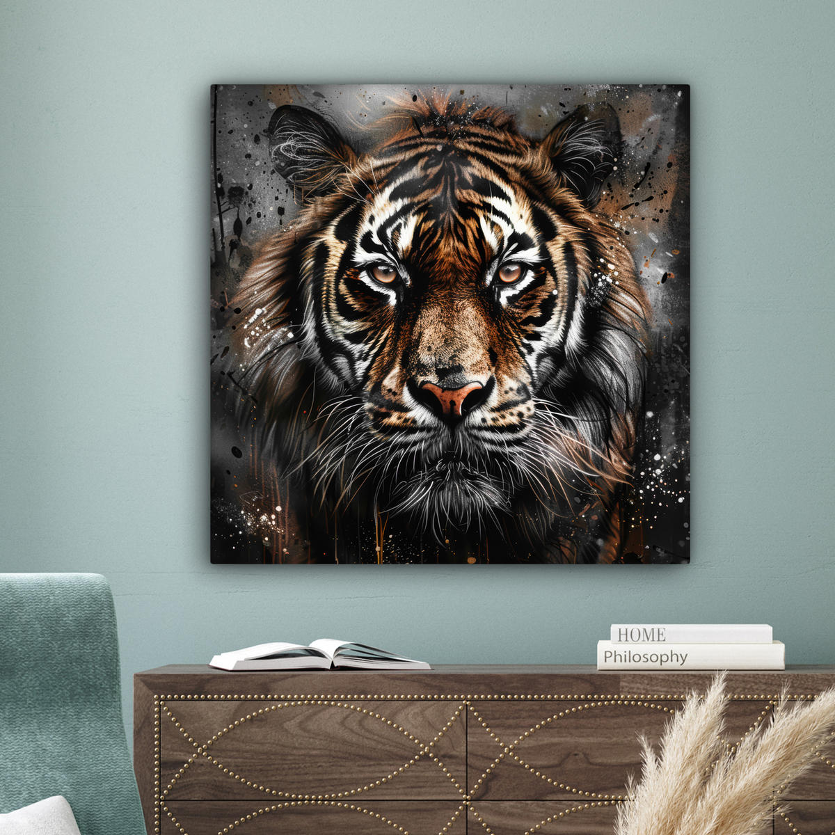 LEINWANDBILD Tiger - Tiere - Porträt - Luxus - Schwarz 90x90 cm - Anthrazit, Textil (90/90cm) - MuchoWow