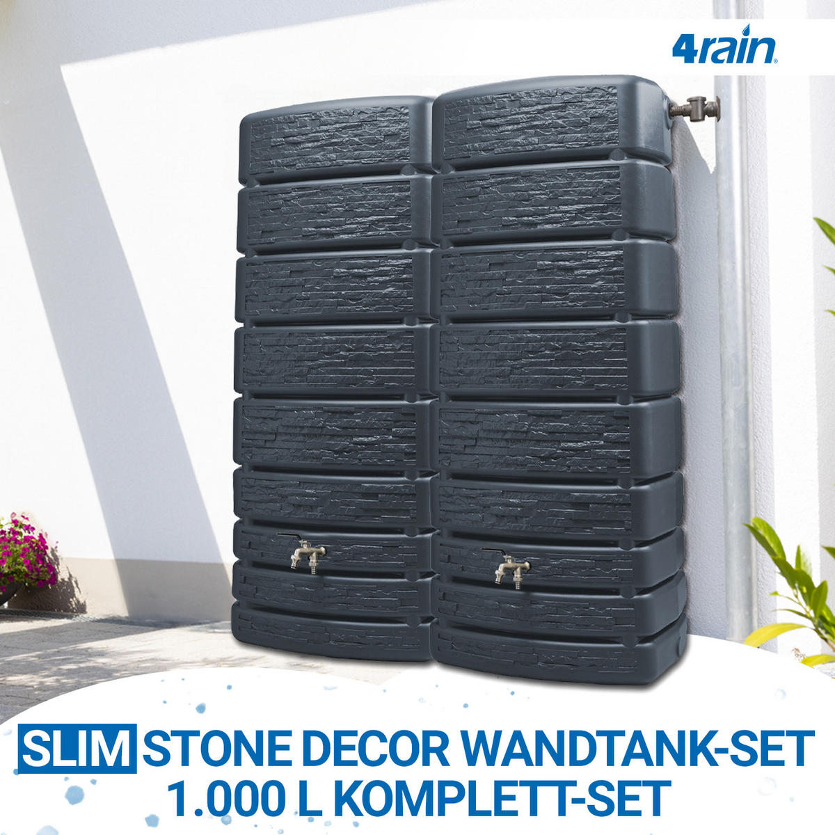 REGENTONNEN Wandtank-SET Komplett-Set 1000 L, graphite grey 2 x 500 L, inkl. Verbinder und Fallrohranschluss - Grau, Kunststoff (51/184/150cm) - 4rain