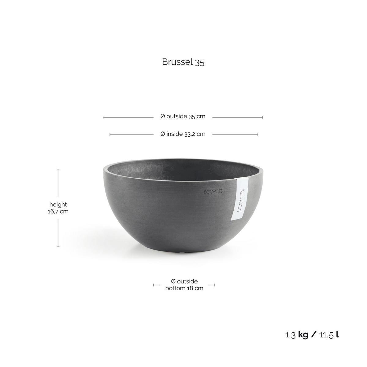 BLUMENTOPF Brussels 35/16,7 cm Grau - Grau, Kunststoff (35/16.7cm) - Ecopots
