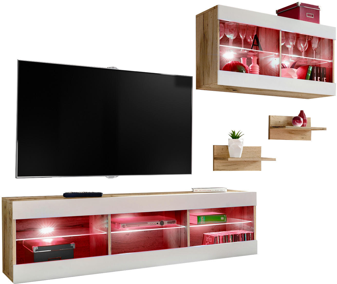 WOHNWAND 4-er Set, TIVOLI SET3 mit mehrfarbige LED RGB Beleuchtung Wotan + Weiß, Offener Raum - Eiche Wotan/Weiß, Glas/Holzwerkstoff (240/195/35cm) - Komodee