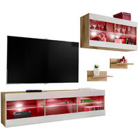 WOHNWAND 4-er Set, TIVOLI SET3 mit mehrfarbige LED RGB Beleuchtung Wotan + Weiß, Offener Raum - Eiche Wotan/Weiß, Glas/Holzwerkstoff (240/195/35cm) - Komodee